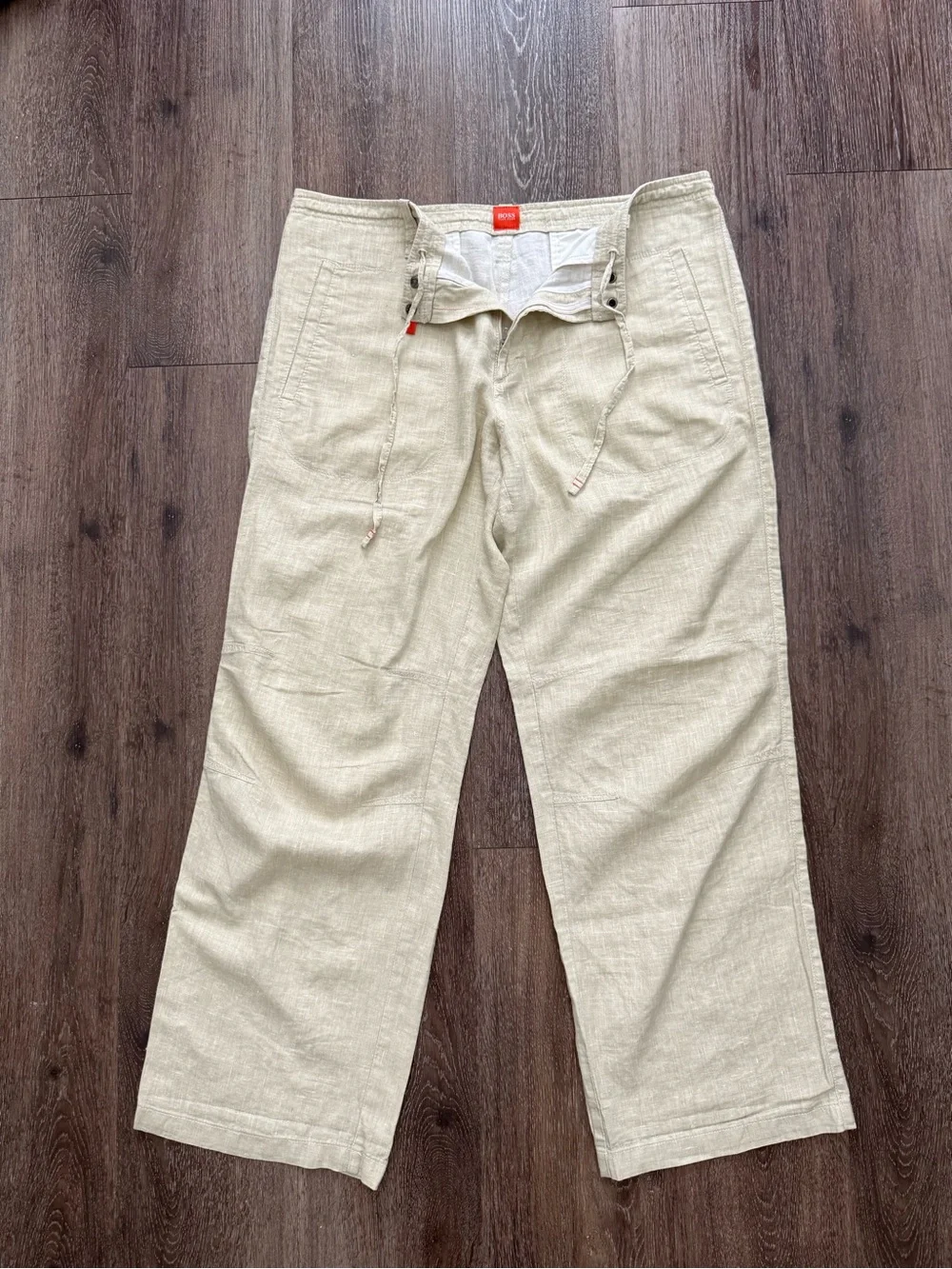 Hugo Boss Men's Light Cream Wide Linen Drawstring Pants